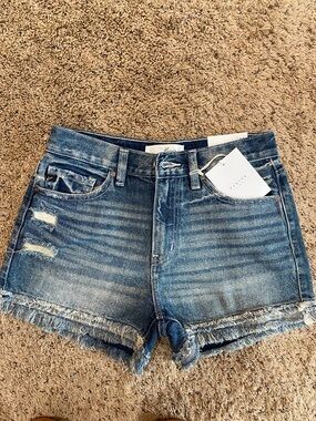 KanCan Mid Wash Distressed Frayed Hem Jean Shorts - Blue